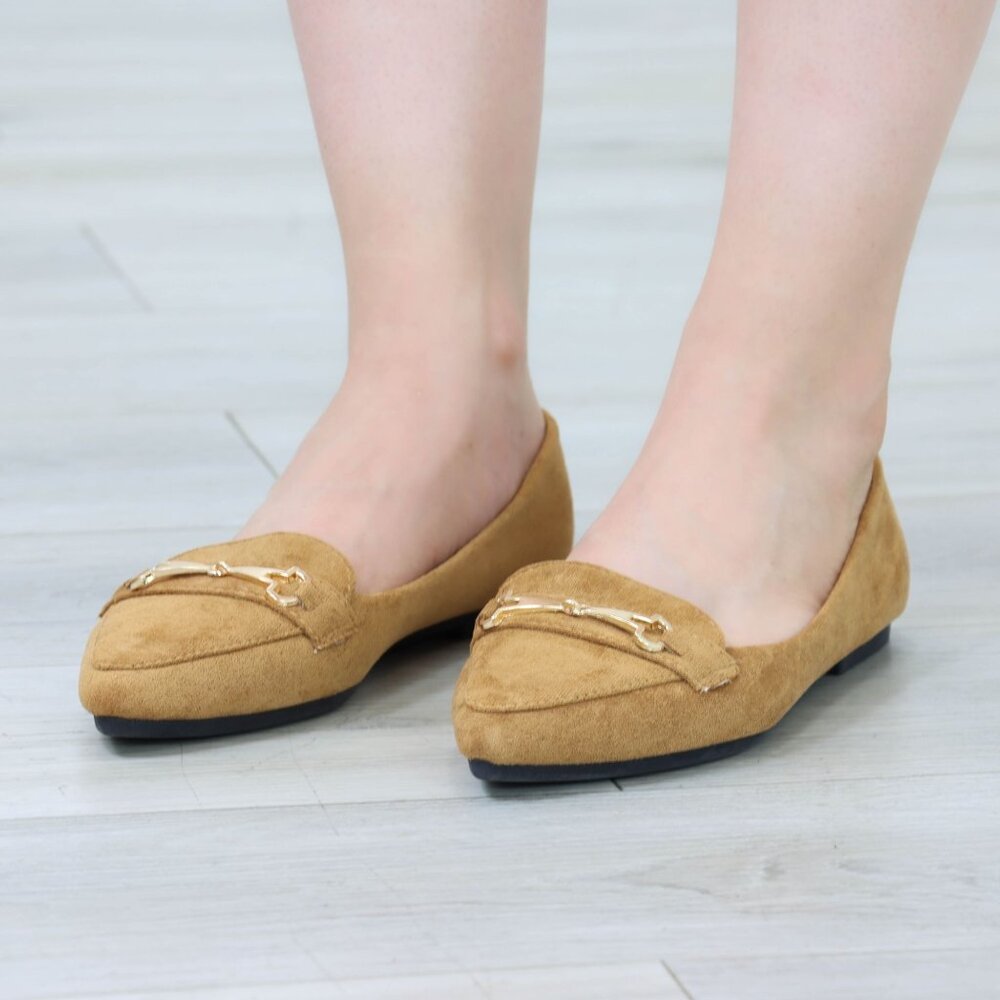Tan Faux Suede Loafers Pointed Toe Gold Horsebit Slip-On Flats - Picture 9 of 13
